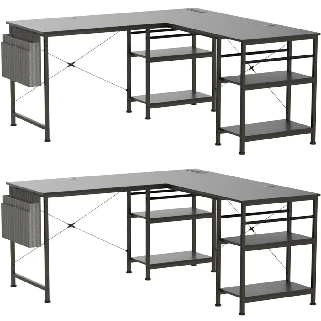 L-förmiger Schreibtisch Computertisch mit Regal, großer Arbeitsplatz, Home Office Gaming Tisch, höhenverstellbar, Schwarz