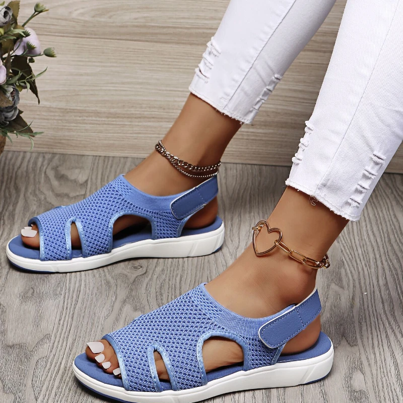 Summer Women Flat Sandals Elastic Breathable Flats Fashion Casual Shoes for Women Open Toe Beach Slides Shallow Mouth Footwear