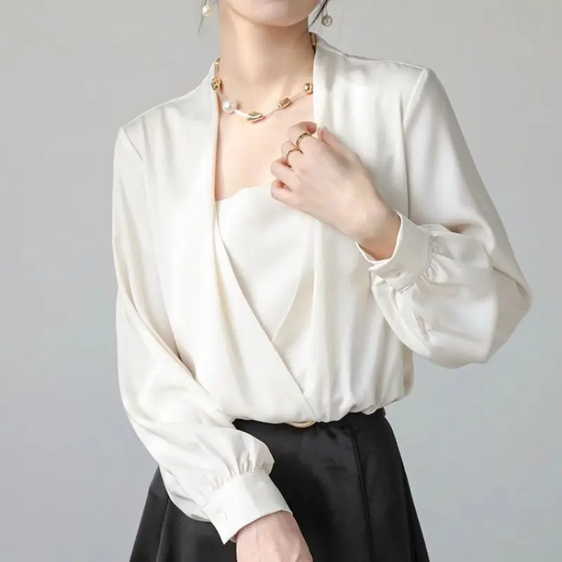 Spring Autumn Solid Color New Blouse Women V-neck Long Sleeve Fashion Satin Face Pullovers Elegant Button Pleated Chic Tops