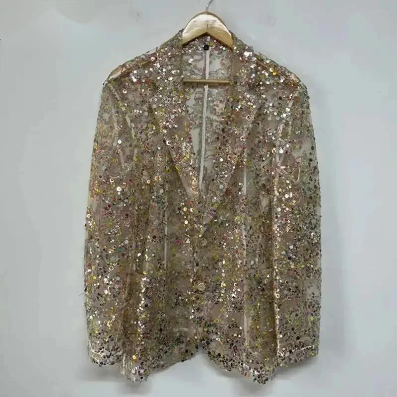Colorful Sequin Embroidery Male Blazers Perspective Mesh Sexy Delicacy Button Casual Summer Men's Light Luxury Coat ZCDE45