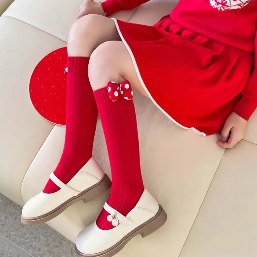 Casual Middle Tube New Year Red Socks Thicken Sweet Bow Hosiery for Kids Princess Cotton Children Long Socks Autumn