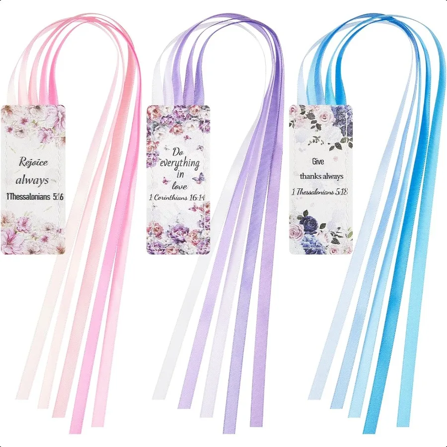 

3 Pieces Bible Ribbon Bookmark Markers Artificial Leather Bookmark with Colorful Ribbons for Books Floral StyleBright
