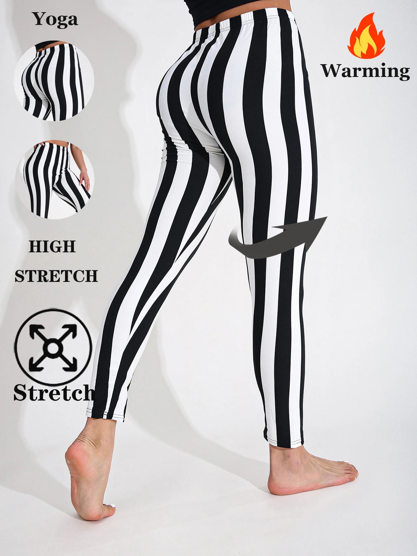 Autumn Winter 1PACK Women's Black White Thick Strip Velvet Thickened Sexy Tight Legging Casual Sports Elegant Fitness Yoga Pants