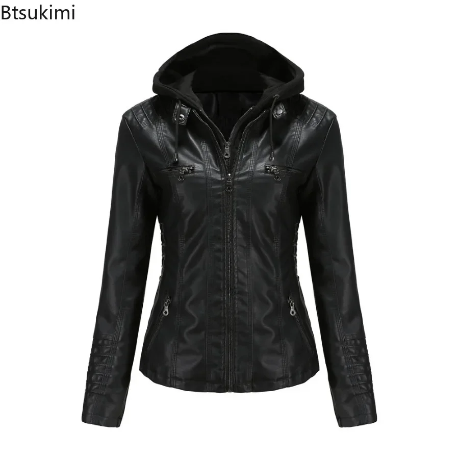 2024 Women's Hooded Leather Jacket 2 Pieces Set with Detachable Large Leather Jacket for Women Spring  Autumn PU Leather Jacket