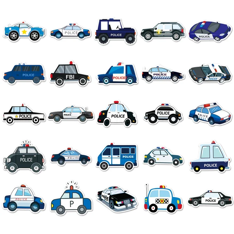 10/25/50pcs Cartoon Police Stickers Graffiti for Toy Car DIY Boys Girls Gift Teaching Learning Wall Decals Luggage Bike