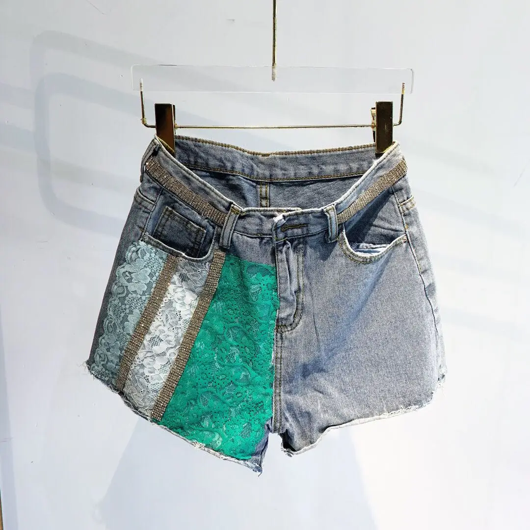 

Diamond-Embedded Denim Shorts Women's Fashionable 2024 Summer High Waist Loose Slimming Lace Patchwork Wide Legs Short Hot Pants