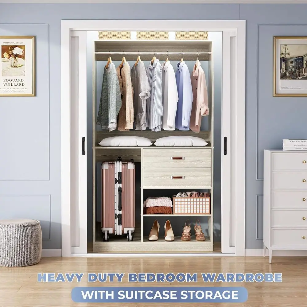 40 White Oak Freestanding Closet with Suitcase Storage, 2 Drawers, 80 Adjustable Garment Rack, Walk-in Closet Rod