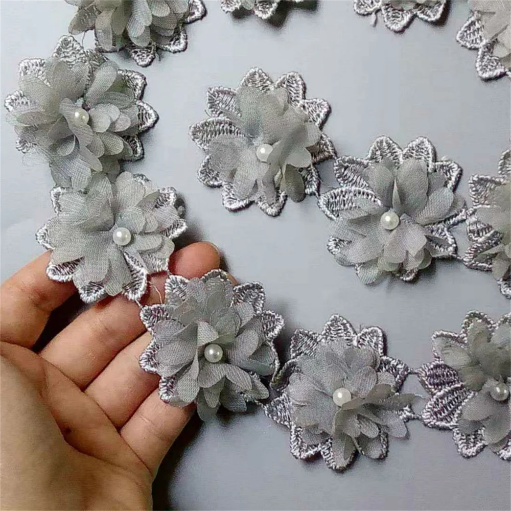 2 yard Gray Soluble Chiffon Pearl Flowers Embroidered Lace Trim Ribbon Fabric Sewing Craft For Costume Wedding Dress Decoration