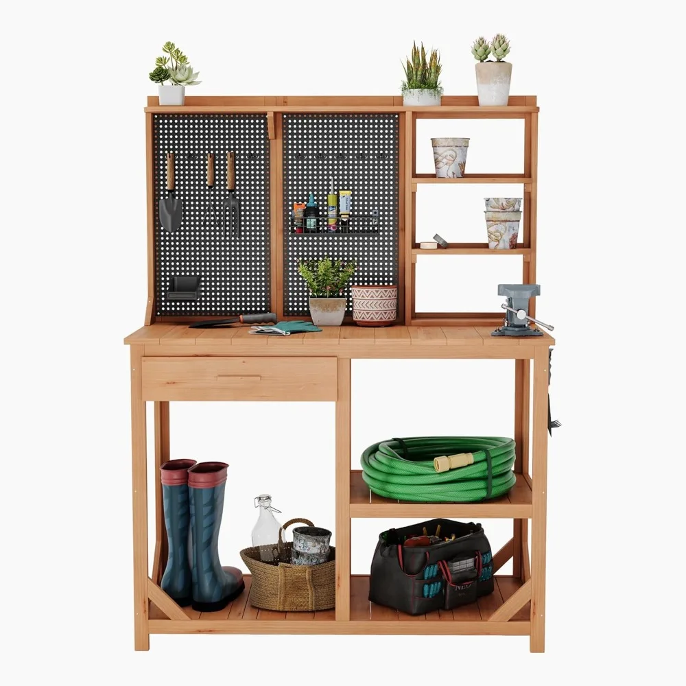 

Wooden Potting Benches for Outside, Large Garden Potting Table with Drawers, Outdoor Work Bench with Storage, Holey Board and Ho