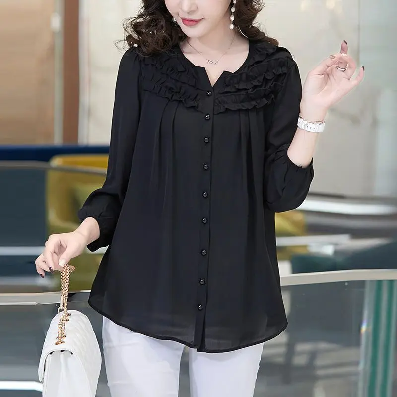 Elegant Chic Sweet Ruffle Solid Loose Chiffon Shirts Spring Summer Fashion Irregular Casual Tops Blouses for Women Clothing 2023