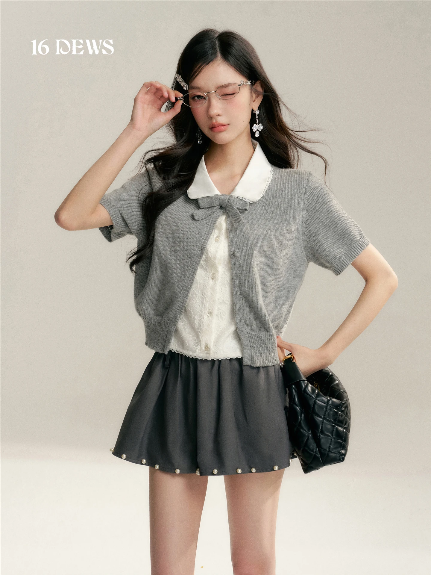 

Sweet Sle 6DEWS Knitted ort Sve Women's Top with Doll Collar And Knot Fake Two-Piece Design Spring Cardigan
