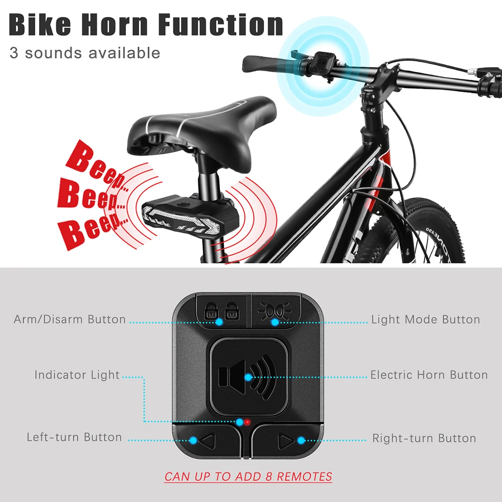 ELECTOP Smart Bicycle Alarm with Remote Waterproof Anti-Theft Bike Taillight with Turn Signals Brake Light Security Protection