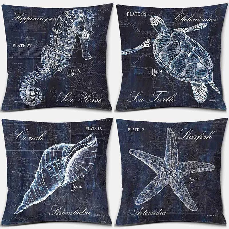 Seahorse Shell Turtle Starfish Print Square Pillowcase Home Living Room Sofa Decoration Polyester Pillow  45*45cm