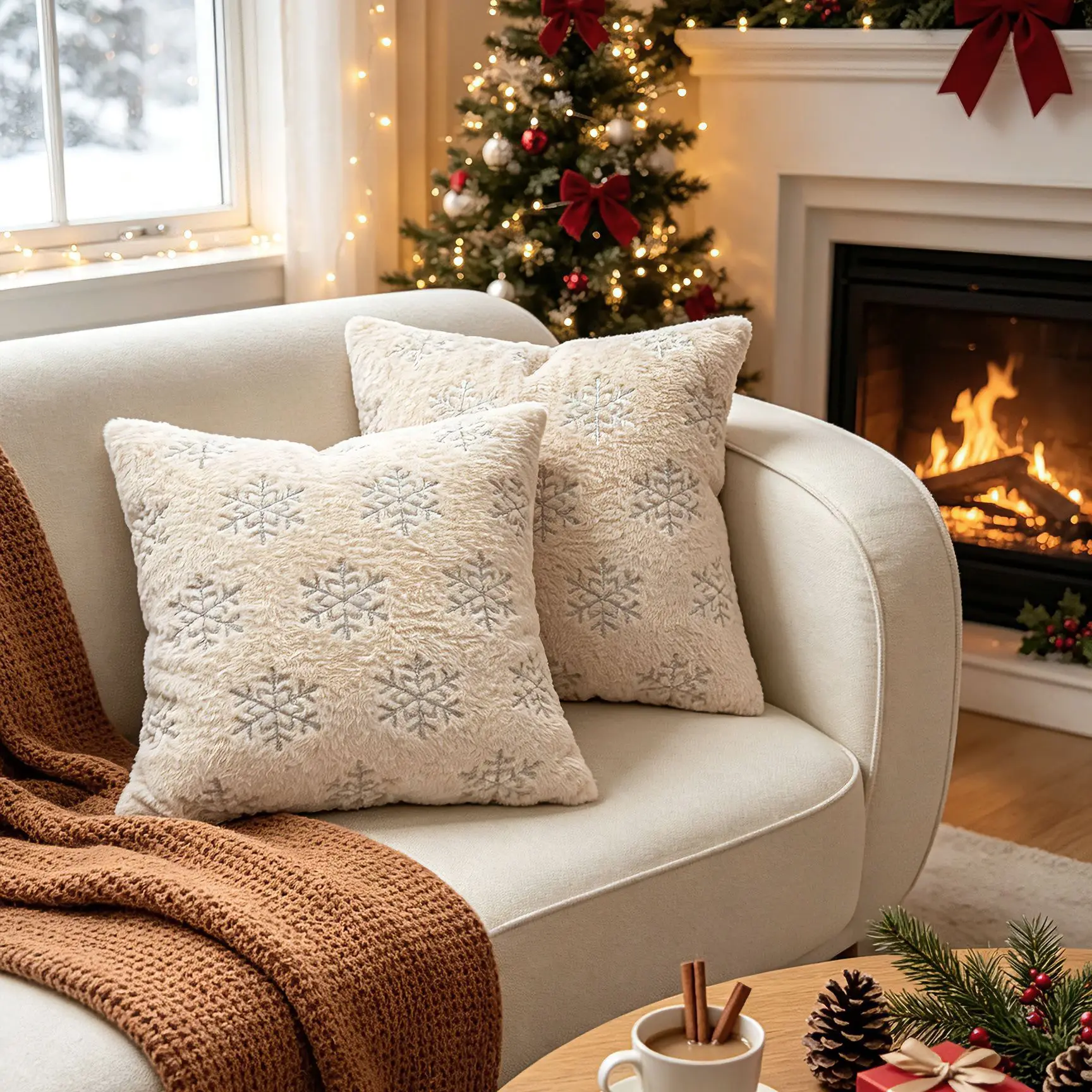 Weihnachtlicher Schneeflocken-Plüsch-Kissenbezug, Sofakissenbezug für Wohnzimmer, festliche Atmosphäre, dekorative Kissenbezüge – Detail 3