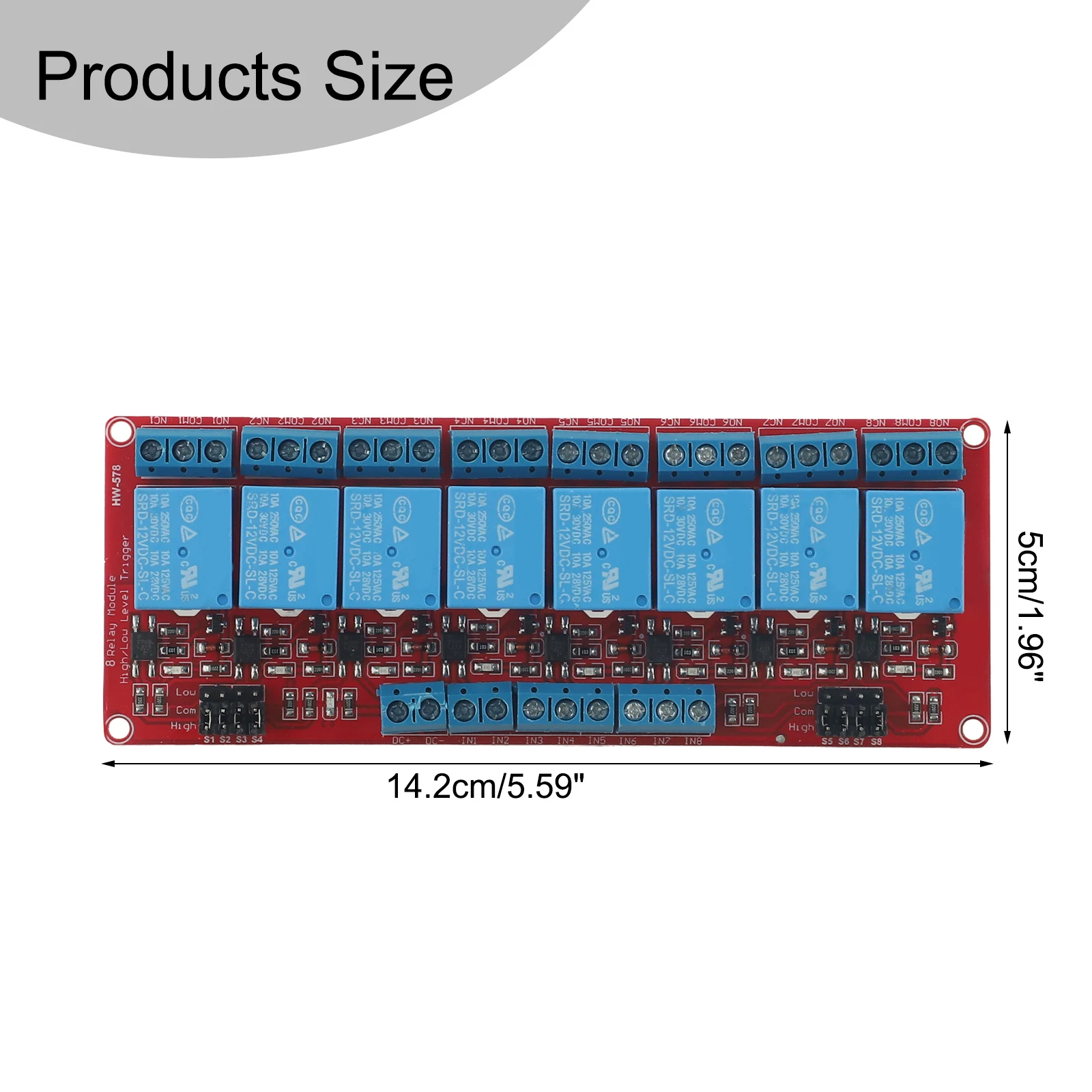 8-kanaals relaismodule met optocoupler-isolatie Triggercontrole op hoog en laag niveau LED-indicatoren Veiligheidssleuven