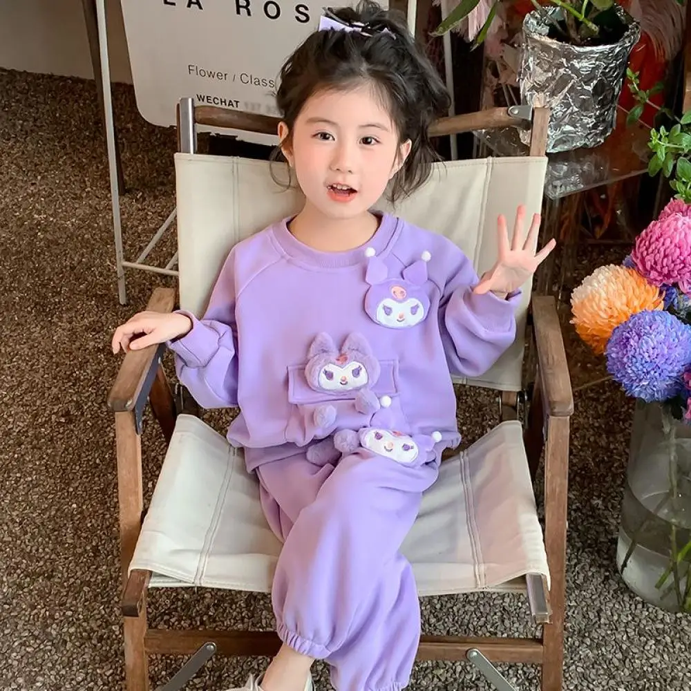 

Толстовка с капюшоном Sanrio для девочек, брючный костюм Kuromi, весенне-осенний детский пуловер с длинными рукавами для отдыха с героями мультфильмов, детская одежда