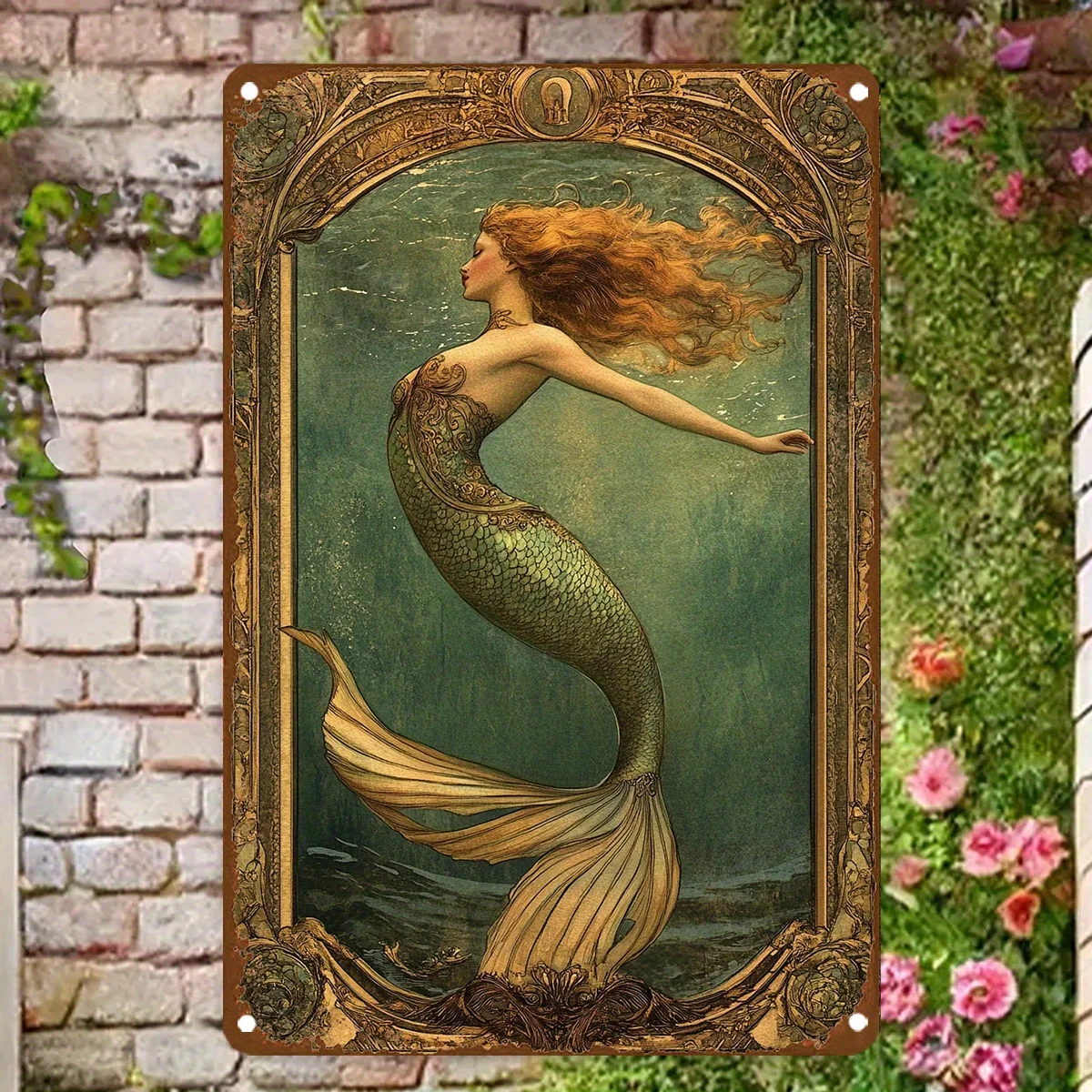 Elegant Mermaid Metal Tapestry, Depicting a Vivid Underwater Scene, with a Red-Haired Mermaid Embedded in a Golden Frame