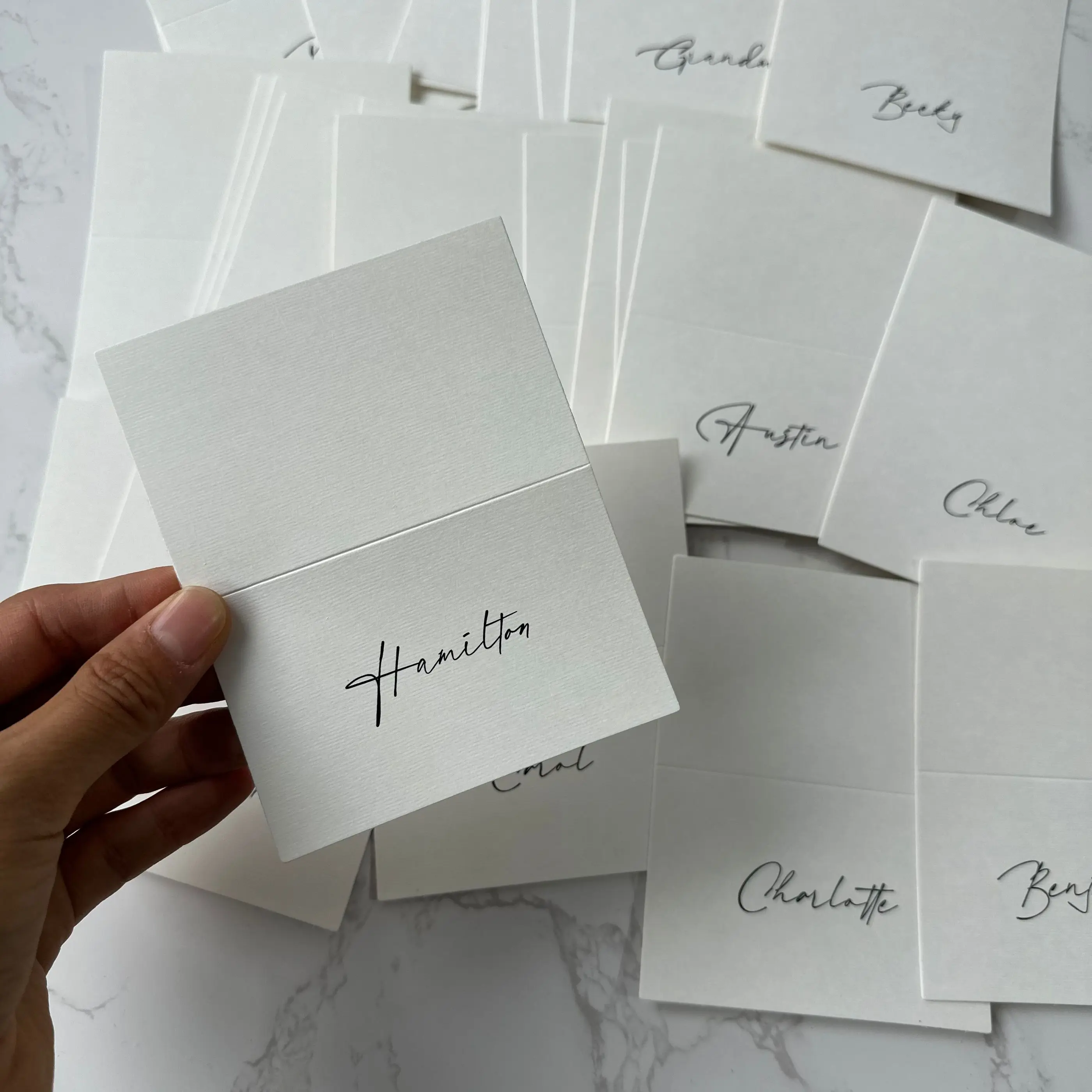 Elegant Folded Place Cards - Personalized Calligraphy Design for Weddings and Events, Off White Textured Paper Place cards