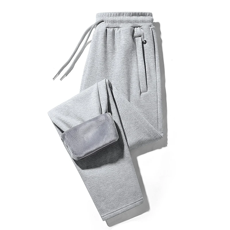 Winter Zip Pockets Thick Warm Grey Sweatpants Men Sportswear Straight Cotton Casual Track Pants Velvet Inner Fleece Trousers