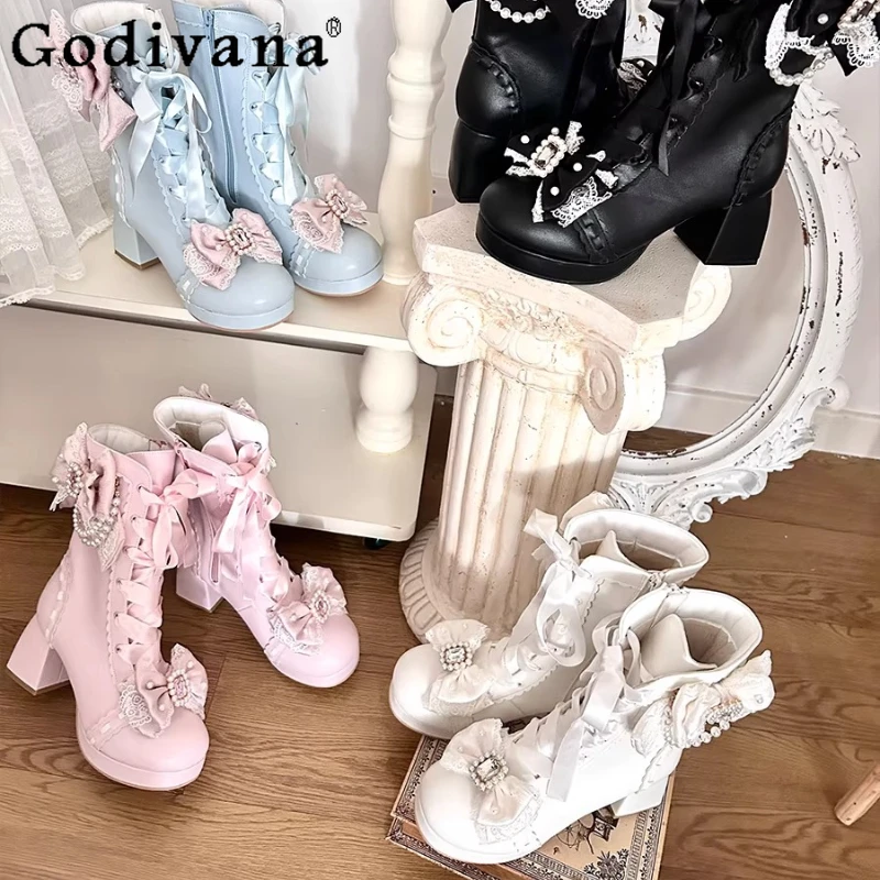 

Autumn Winter Lolita Style Mid-Calf Boots Women Cute Bow Lace Rhinestone Leather Short Boots Girls Sweet Elegant Lolita Boots