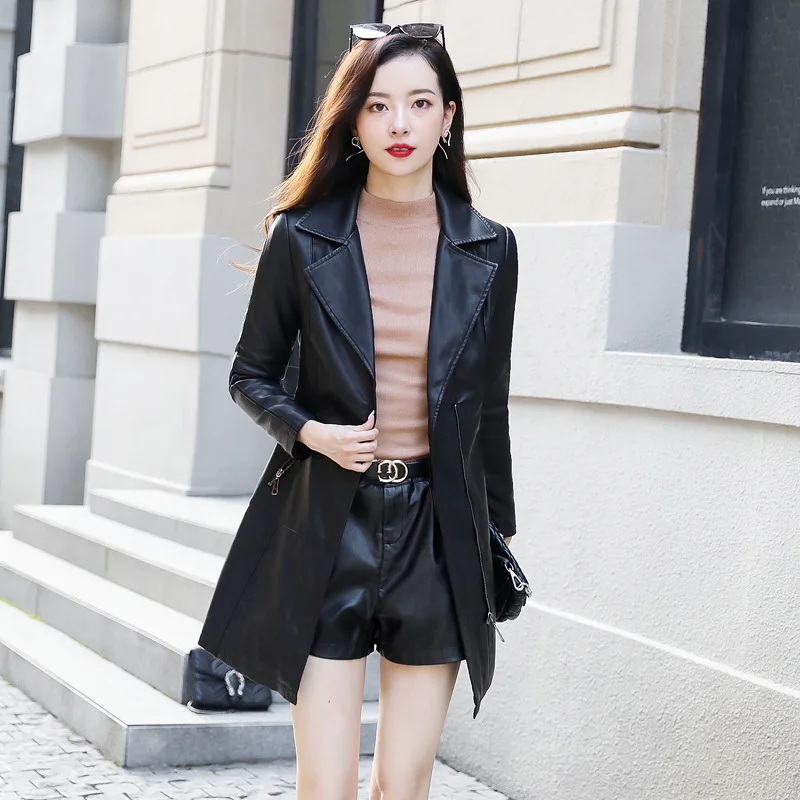 2024  Spring and Autumn New Fashion Slim Fit Women\'s Versatile Leather Coat Mid length Suit Collar Cotton Sheepskin Windbreaker