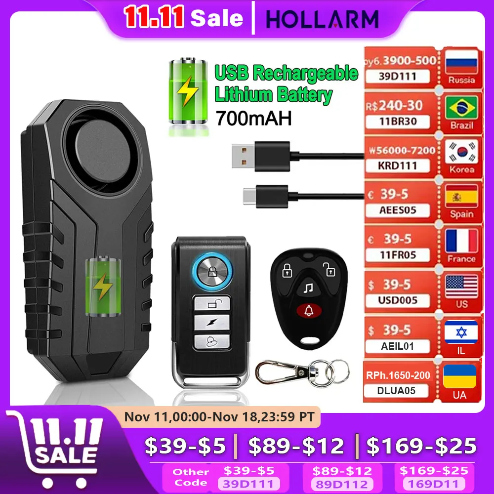 Hollarm USB Rechargeable Bike Alarm Remote Control Wireless Bicycle Vibration Alarm Motorcycle Alarm Outdoor Security Protection