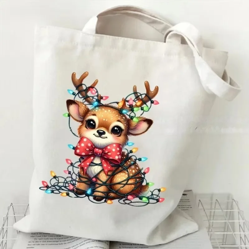 Cute Christmas Fawn Canvas Tote Bag Cartoon Reindeer With Xmas Lights Red Bow Print Shoulder Handbag Shopping Bag