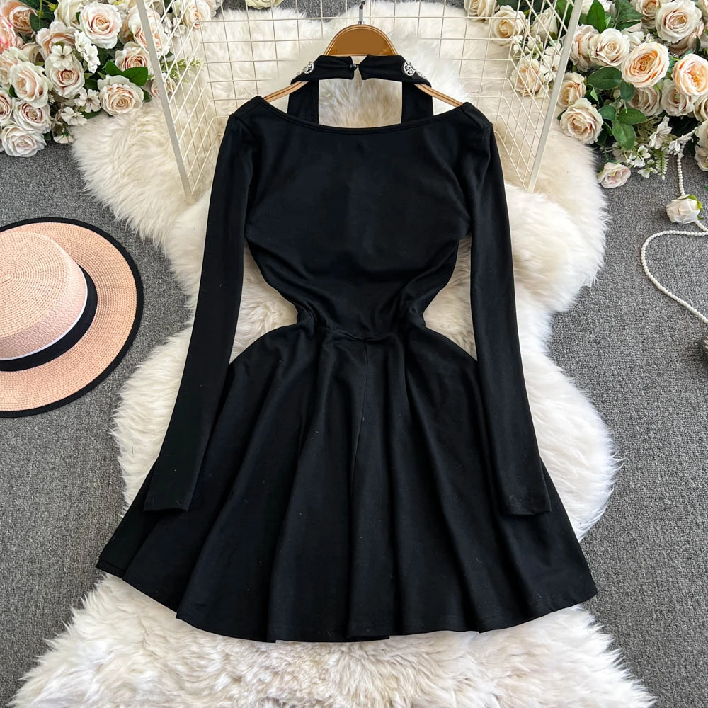 TWOTWINSTYLE Spliced Diamonds Chic Dresses For Women V Neck Long Sleeve Backless Hgih Streer  Dresses Female KDR518264/KDR518266