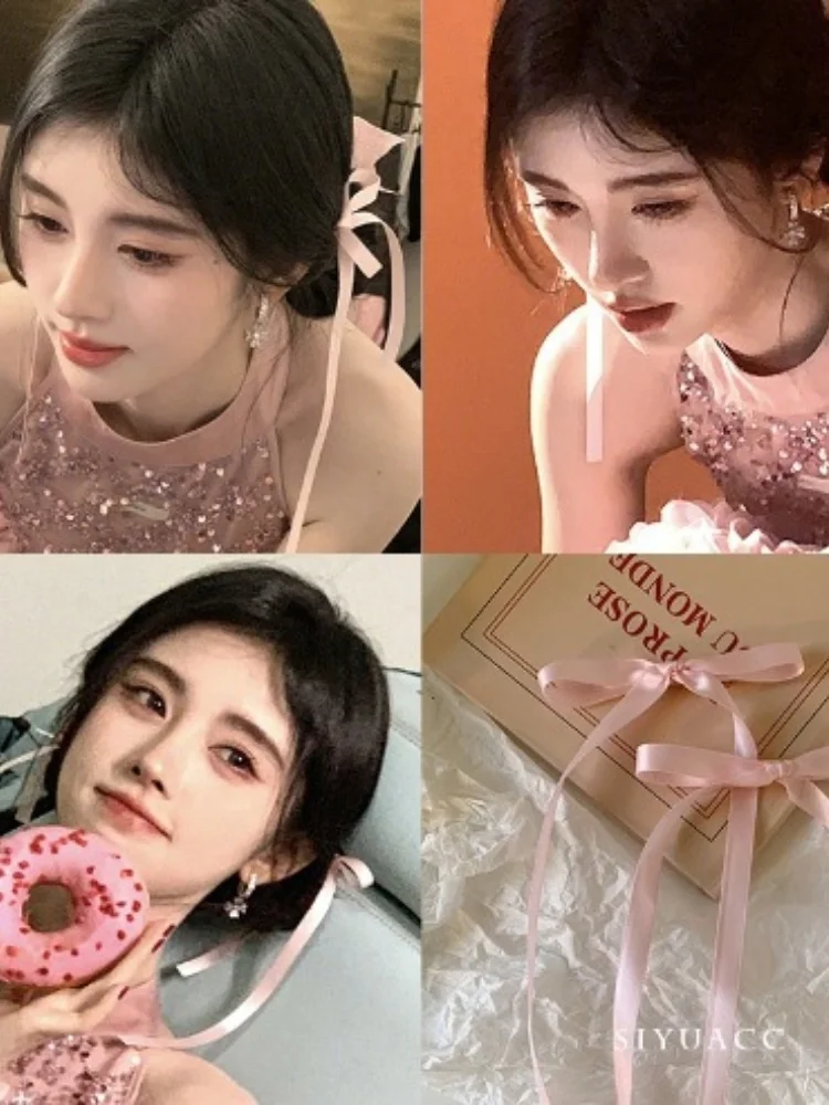 4 Stück süße und süße Schleifen-Haarspange, französisches romantisches langes Streamer-Haar-Accessoire, multifunktionale Kopfbedeckung, geeignet für den Urlaub – Detail 6