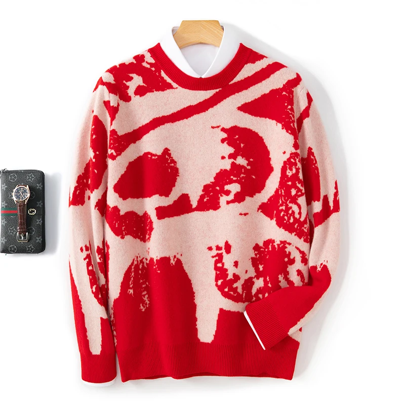 

New Jacquard Contrast Men's Crewneck Sweater in Autumn and Winter 100% Pure Wool Knitted Bottom Shirt