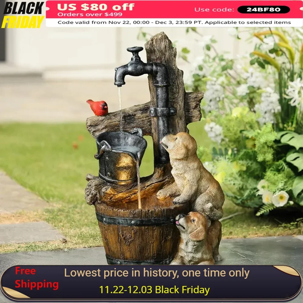 

Fountain, 3 Tiered Puppies and Water Pump Resin Outdoor Waterfalls with LED Light, Outdoor Fountain