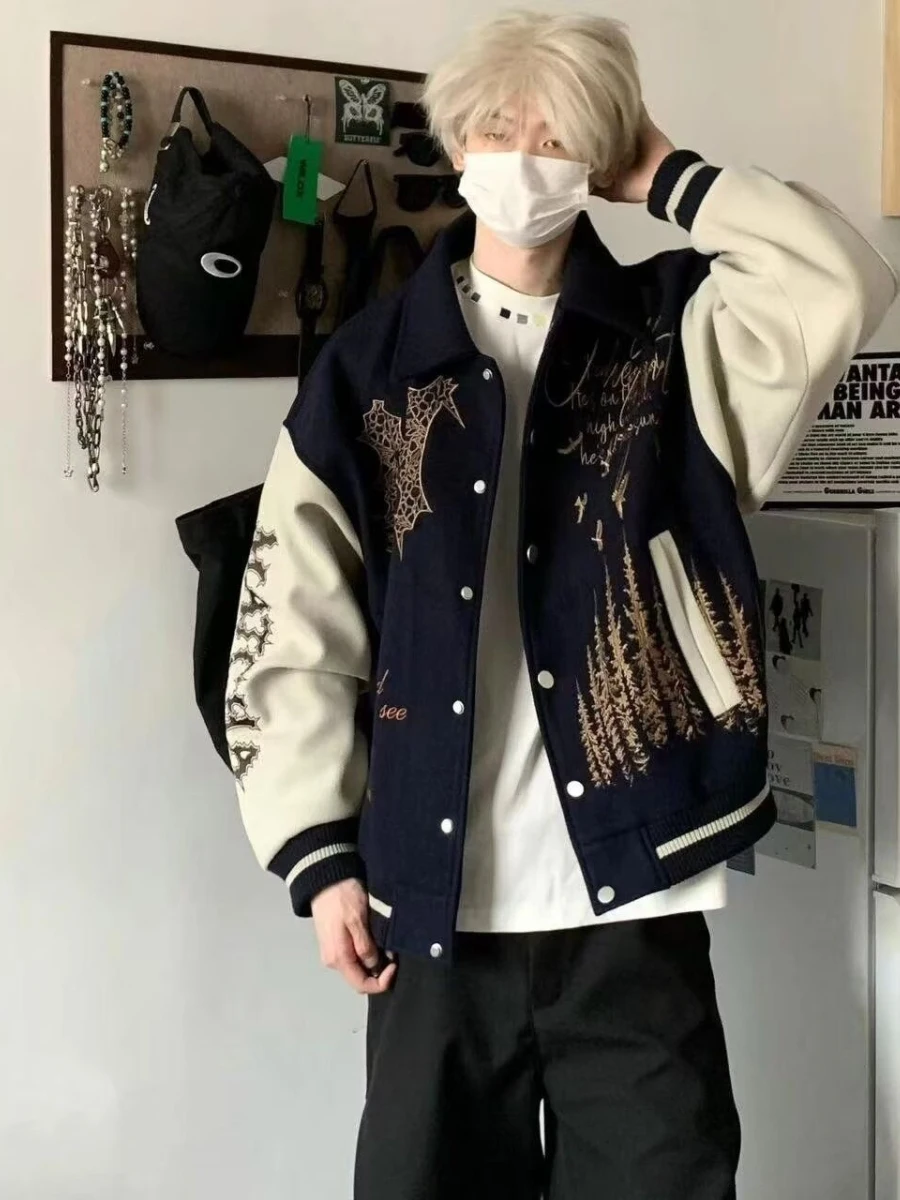 

2025 New American Sle Heavy Embroidery Patchwork Color Blo Baseball Jaet Men Trendy High Street Couple Turn-down Collar...