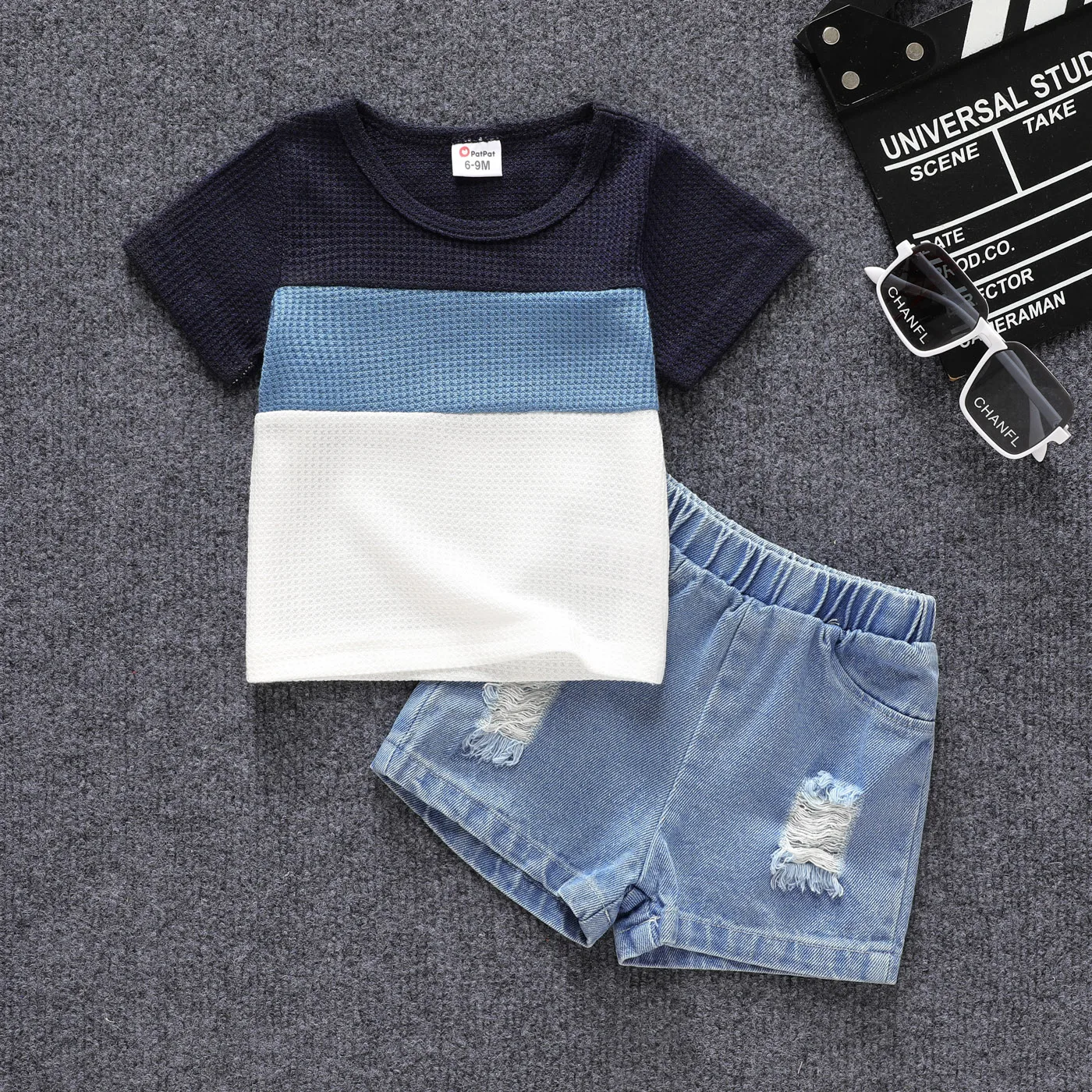 

PatPat 2pcs Baby Boy Color Block Waffle Top and 100% Cotton Ripped Denim Shorts Set