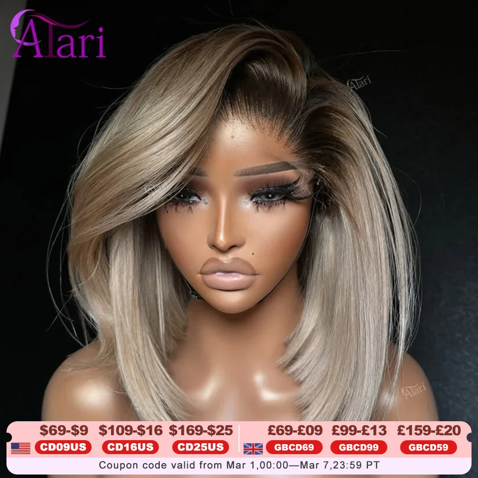 Ash Blonde with Brown Roots Short Bob Wig Transparent 13x4 Full Lace Frontal Human Hair Straight Bob Wig Pre Plucked for Women