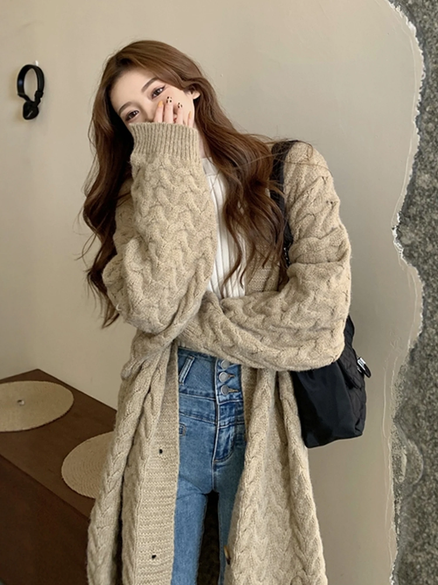 Retro Twist Soft Knitted Thickened Long Sweater Coat Women's High-End Feeling Knee-Length Open Cardigan for Autumn And Winter
