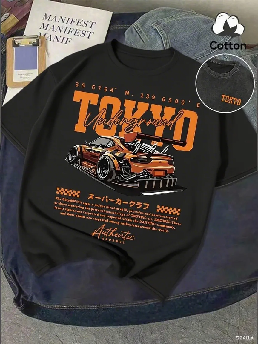 

Tokyo Underground Racing Car Print Cotton T-shirt Luxury Brand Fashion Big Size Top Casual Short Sleeve Streetwear Classic
