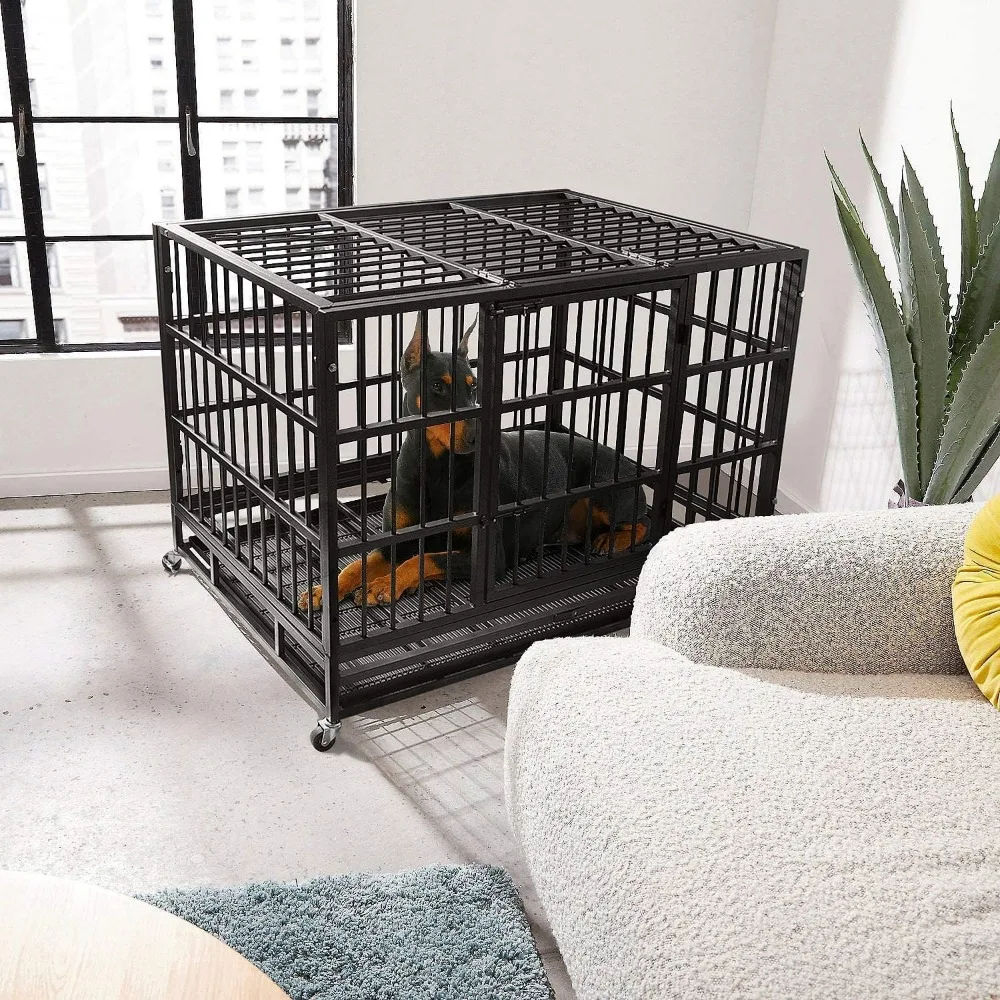 48 Inch Heavy Duty Dog Crate Cage Kennel with Wheels, High Anxiety Indestructible Dog Crate, Sturdy Locks Design, Double Door