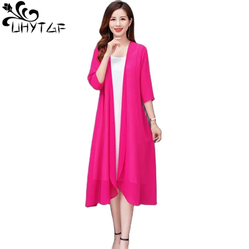 

UHYTGF Chiffon Cardigan Overcoat Women's Summer Coat Female Shawl Thin Sun Protection Clothing Jacket Ladies Mid-Length 4XL 1984