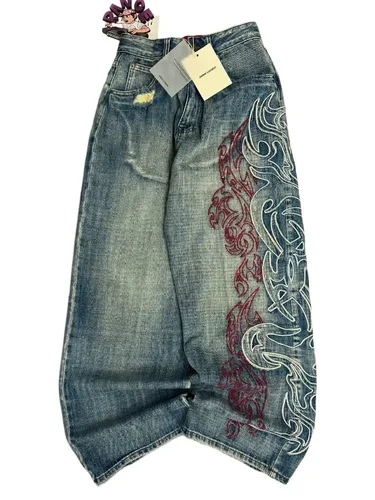 Imagen 2 del producto Y2K patrón de moda bordado pantalones vaqueros holgados hombres y mujeres High Street Vintage Hip Hop Casual pareja pantalones de pierna ancha de alta calidad