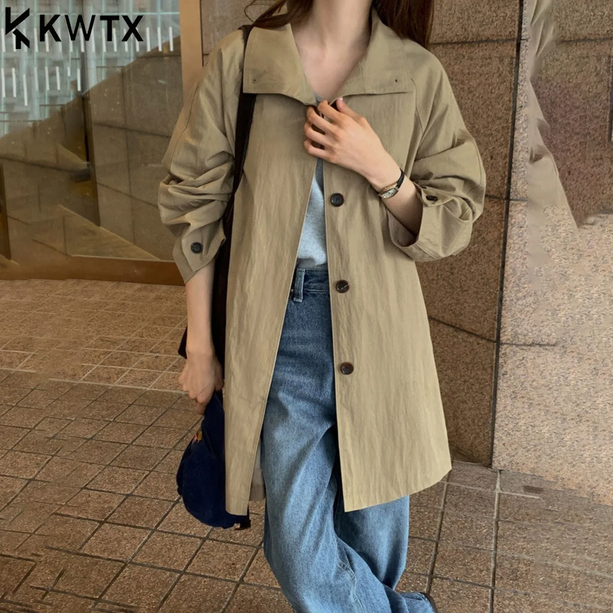 

KWTX женское модное однотонное пальто 2025 года с воротником-стойкой, винтажное пальто средней длины, повседневное элегантное осенне-зимнее пальто