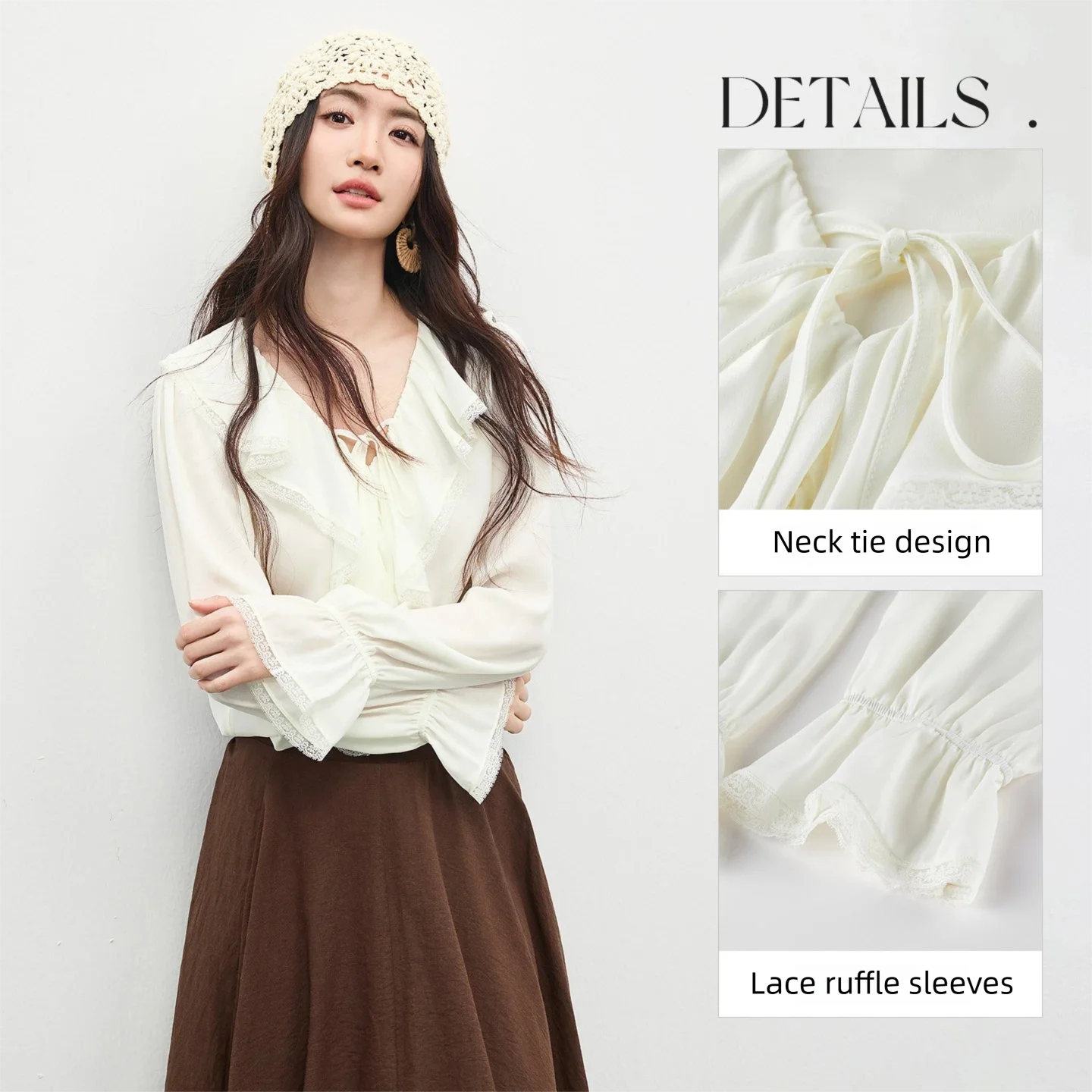 Sentubila Women's V-Neck Ruffle Blouse Apricot Spring 2026