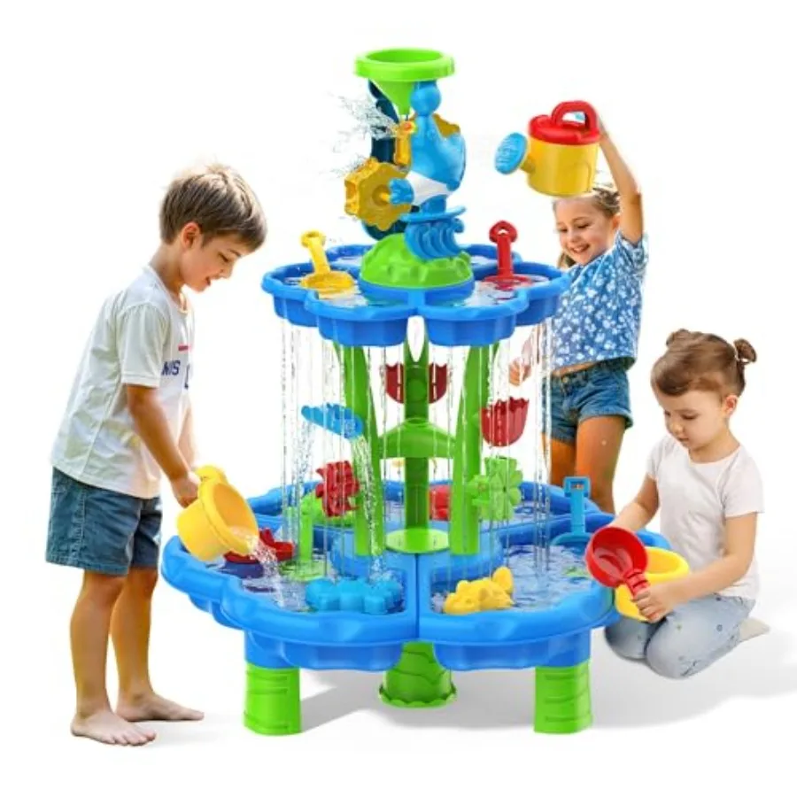Outdoor water sand play table for toddlers, plastic, blue and yellow, 2-tier sensory activity with splash feature for summer pa