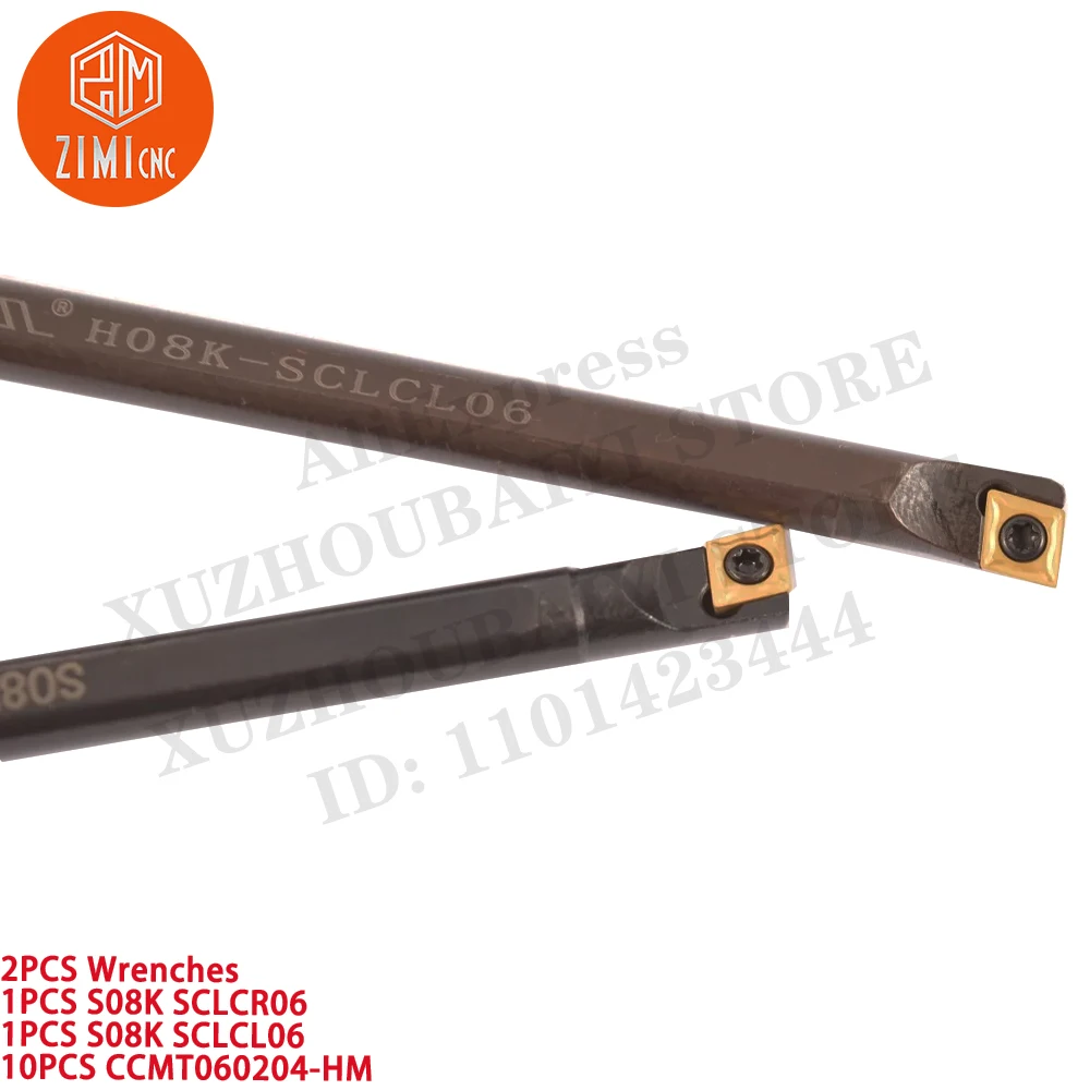 2PCS S08K SCLCR06 kanan + S08K SCLCL06 kiri 8mm Pemegang Bubut +  10PCS CCMT060204-HM Sisipan Karbida CNC alat pemotong bubut logam