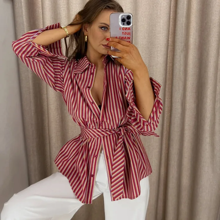 Fashion Loose Stripe Print Women's Shirt 2026 Spring Lapel Long Sleeve Blouse Elegant Classic Lace-Up Top Female Clothin
