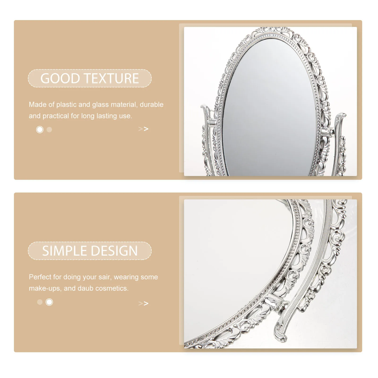 1 pçs estilo europeu espelho retro dupla face oval espelho de maquiagem para casa banheiro quarto prata 360 graus rotativo