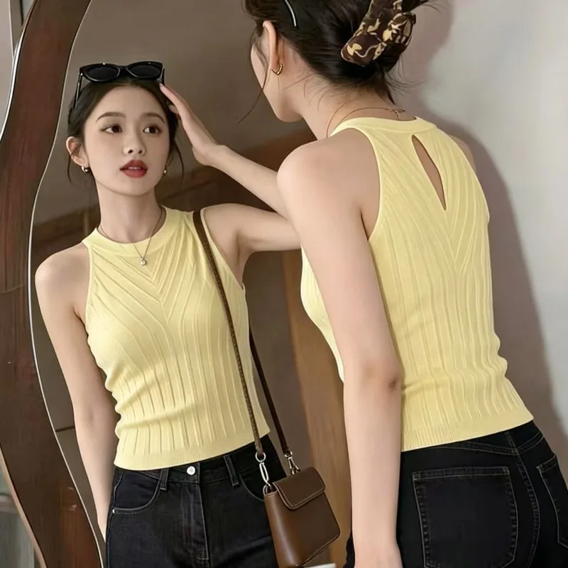 Women Clothing Summer Fashion Solid Color Halter Female All-match Fashionable Hollow Out Appear Thin Sleeveless