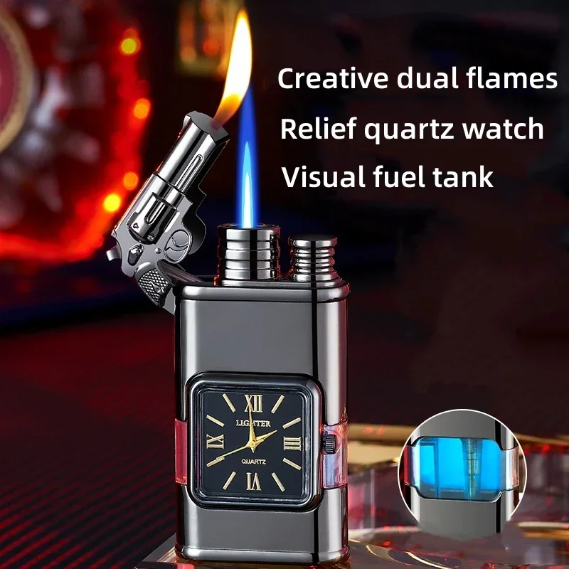 Creative Metal Direct Charge Blue Flame Lighter Personalized Windproof  Elegant Open Flame Double Flame Lighter Men\'s Gift