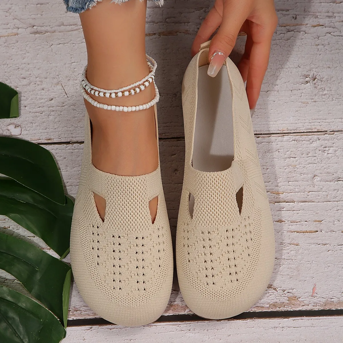 Loafers Autumn Casual Shoes Women Flat Heel Square Toe Hollow-out Sneakers Barefoot Shoes Moccasin Female Knitted Flats