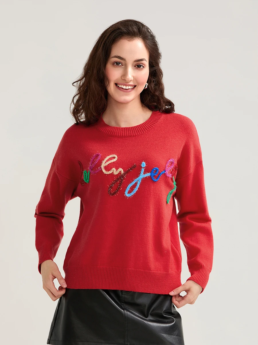 Women s Autumn Loose Sweater Tinsel Letter Applique Long Sleeve Round Neck Knitwear Pullover