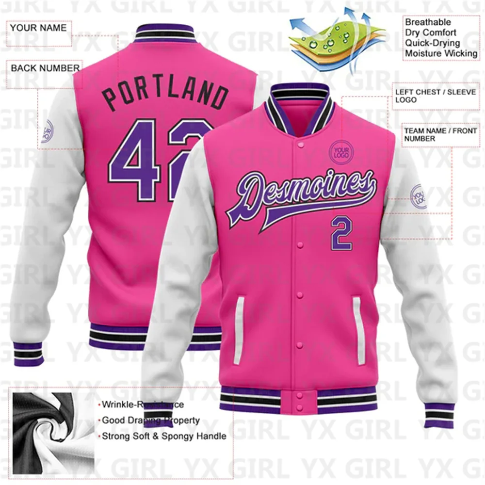 Custom Pink Purple White-Black Bomber Full-Snap Varsity Letterman Two Tone Jacket 3D Baseball Button Jacket